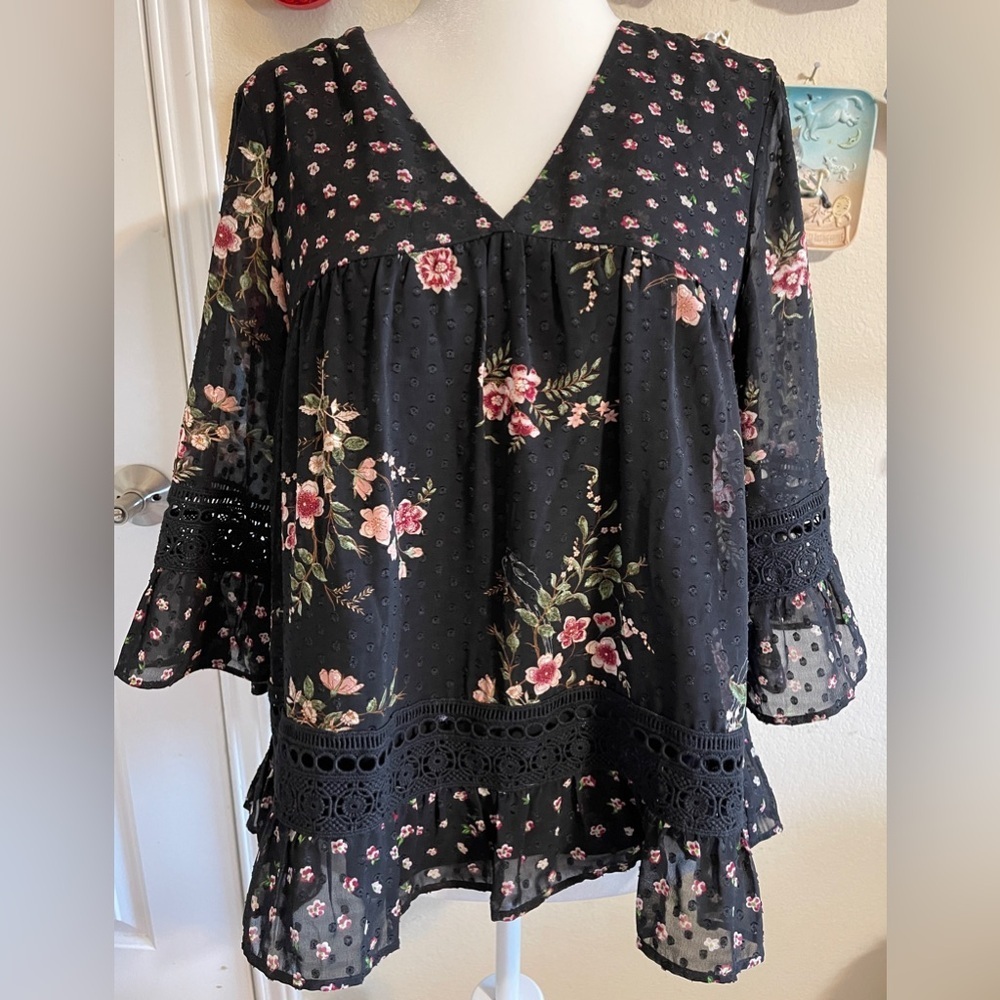 Maeve Steffy Peasant Shirt Black Ditsy Floral Crochet Romantic Boho Medium